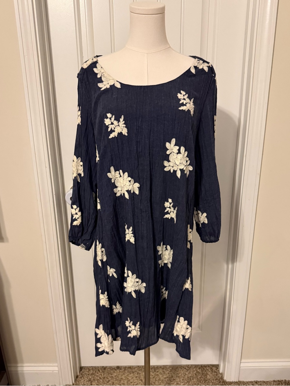 Beige by eci Navy Long-Sleeve Floral Embroidered Dress